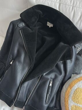 Vigoss Black Faux Shearling Moto Jacket with Zip Pockets